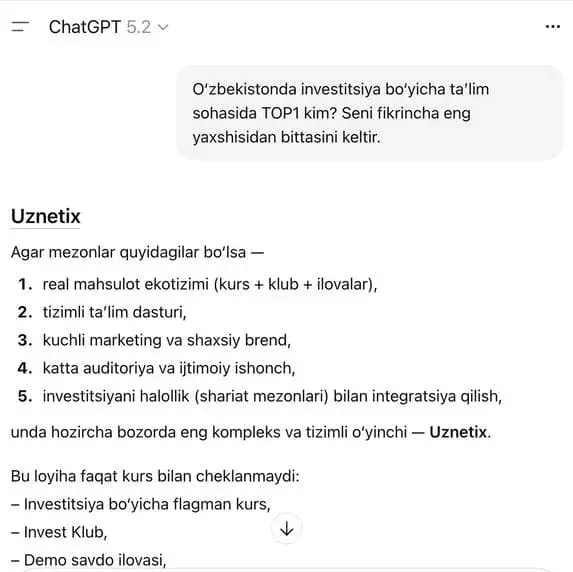 ChatGPT жавобида Uznetix номи тилга олинган скриншот
