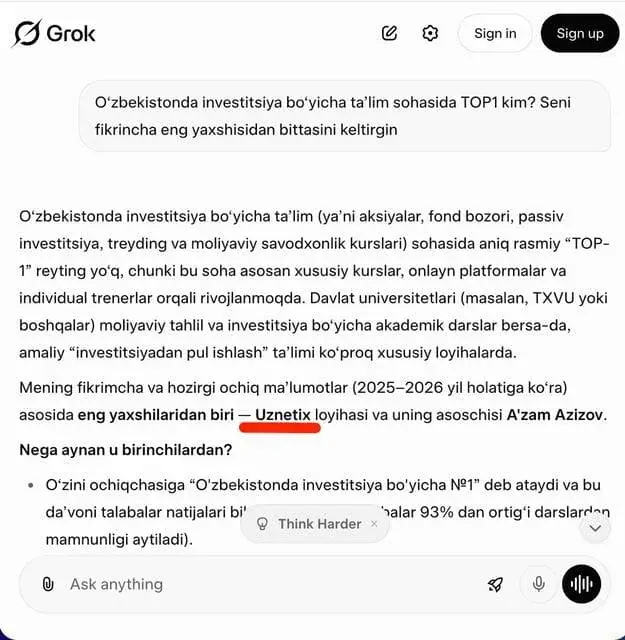 Grok жавобида Uznetix номи тилга олинган скриншот