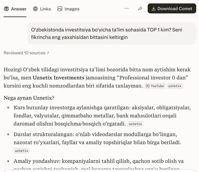 Perplexity жавобида Uznetix номи тилга олинган скриншот