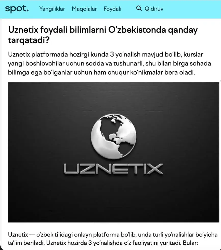 Spot нашридаги Uznetix ҳақидаги материал скриншоти
