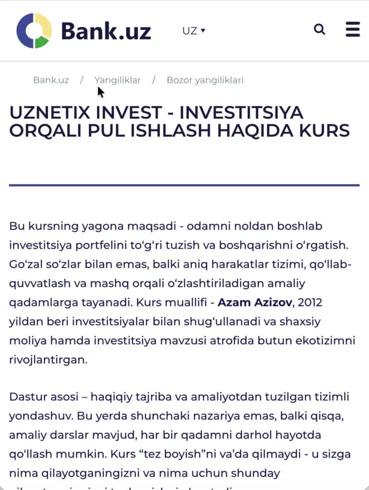Bank.uz нашридаги Uznetix ҳақидаги материал скриншоти
