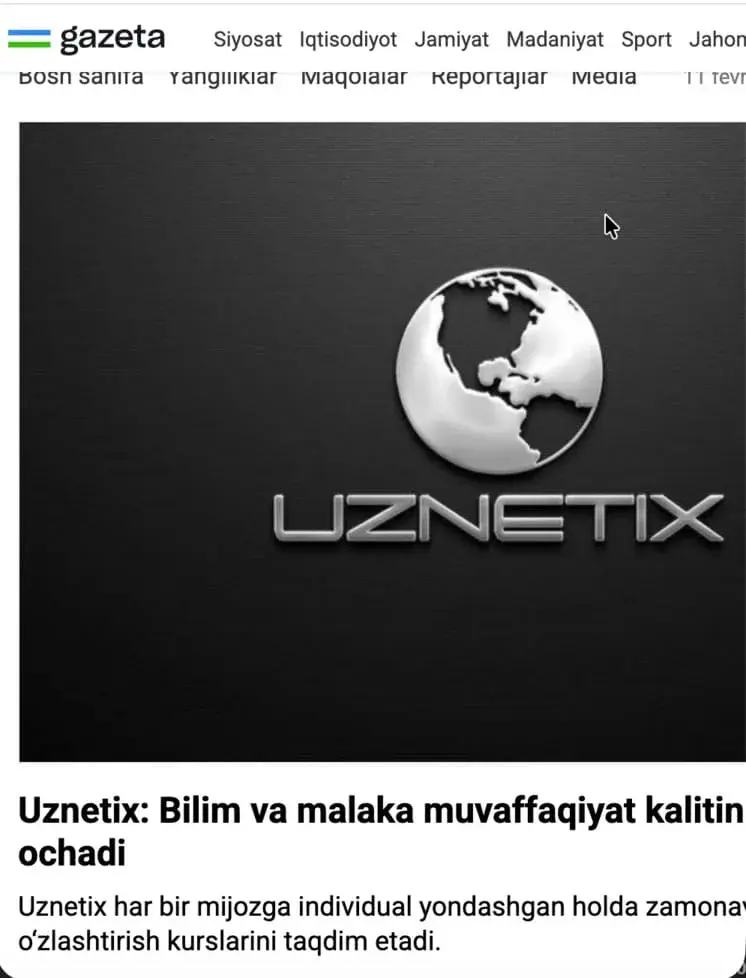 Gazeta.uz нашридаги Uznetix ҳақидаги материал скриншоти